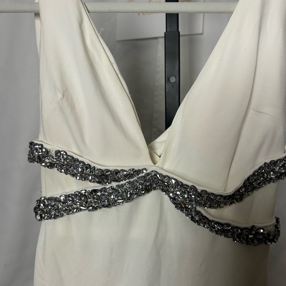 Jovani Ivory V-Neck Evening Gown with Beaded Waist - Picture 3 of 4